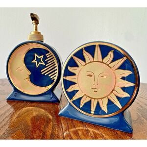 Vintage Celestial Y2K 1990s Dispenser Toothbrush Holder Sun Moon Cosmos Blue Set